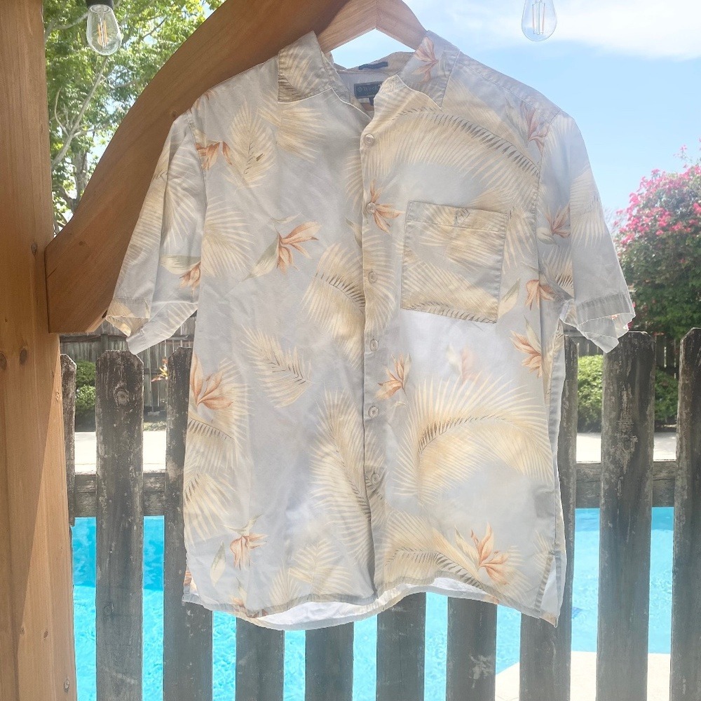 Weekender Tropical Palm Bird of Paradise Shirt‎ Mens Large Blue